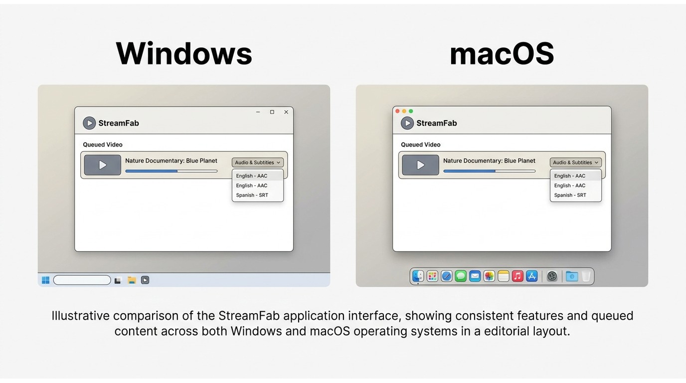 StreamFab desktop app on Windows and macOS showing audio track and subtitle selection for downloaded