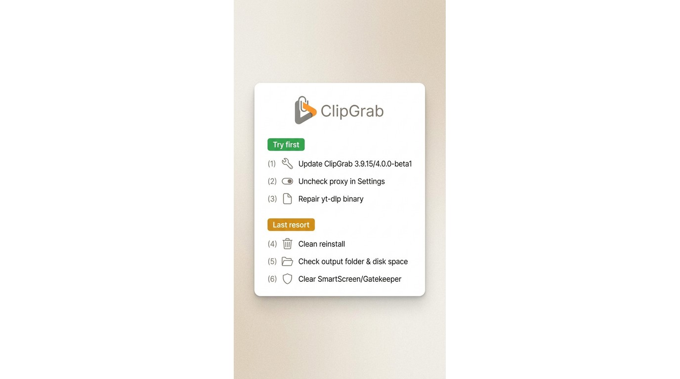 ClipGrab 6-step fix checklist: update, proxy toggle, yt-dlp repair, reinstall, output folder, Gateke