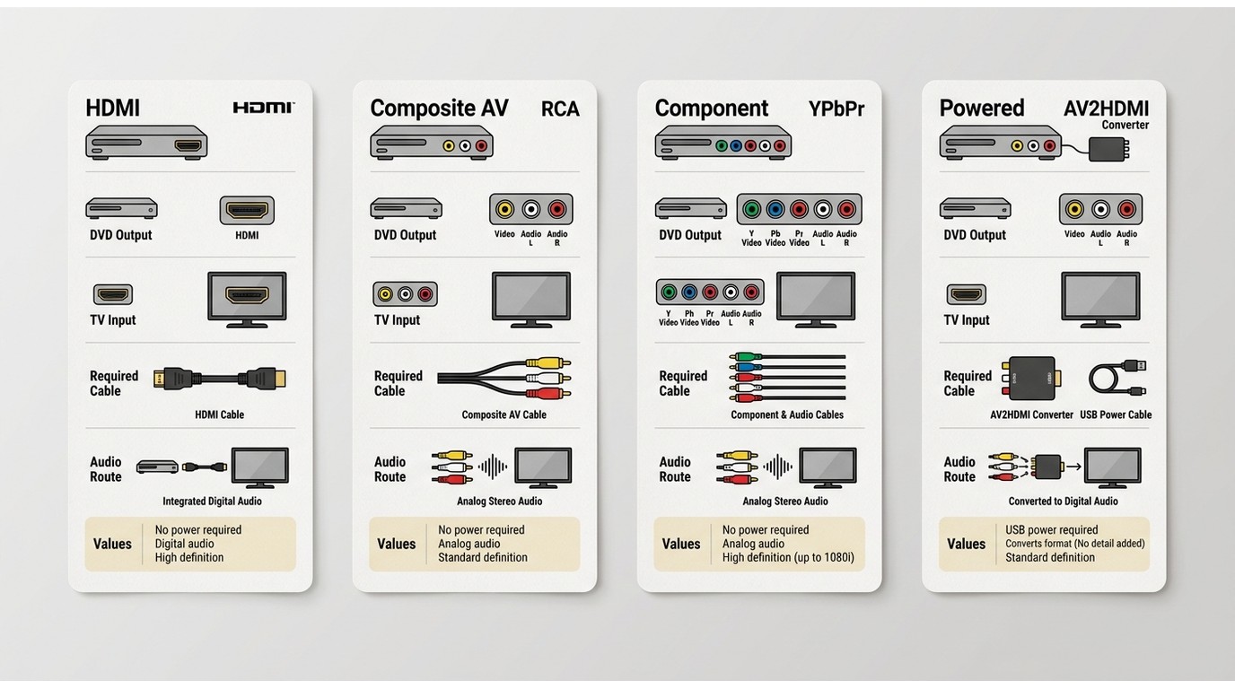 Comparison of HDMI, composite AV, YPbPr, and AV2HDMI power and picture quality