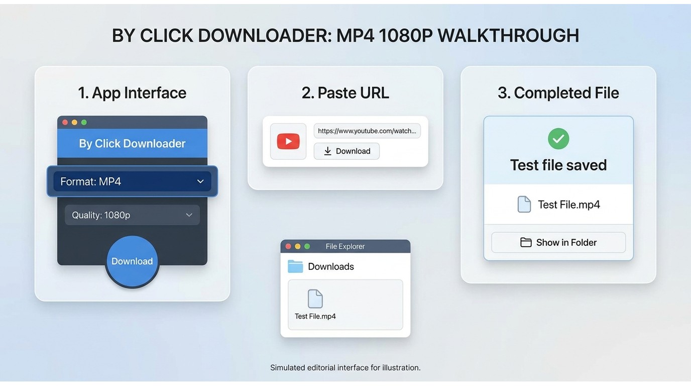 By Click Downloader MP4 download steps from YouTube URL to the completed file in Windows.