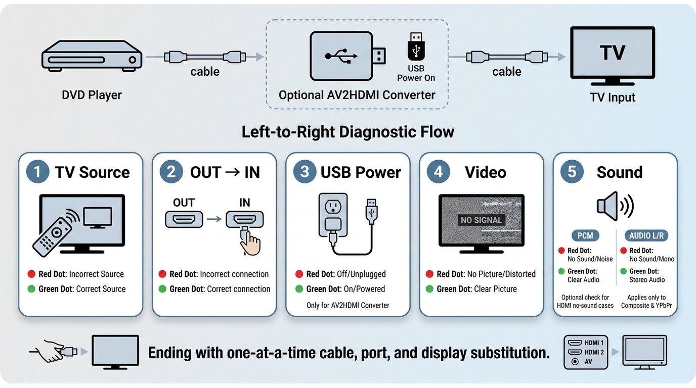 DVD-to-TV signal checks for input, direction, converter power, video, and sound