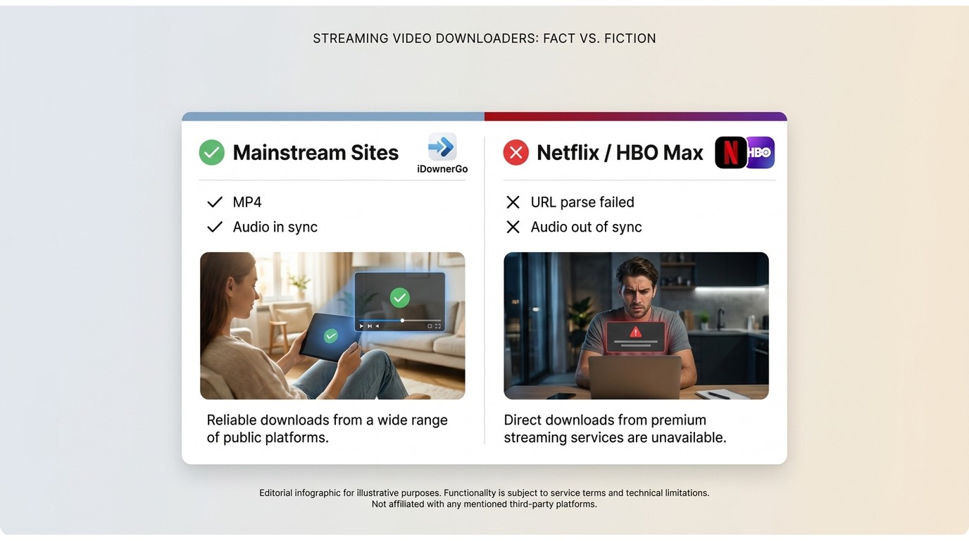 iDownerGo results: mainstream sites pass, Netflix and HBO Max fail with parse errors and audio sync