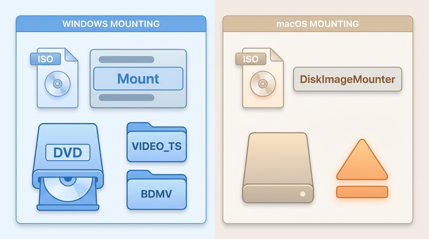 Windows and macOS ISO mounting views with virtual drives, disc folders, and eject controls.