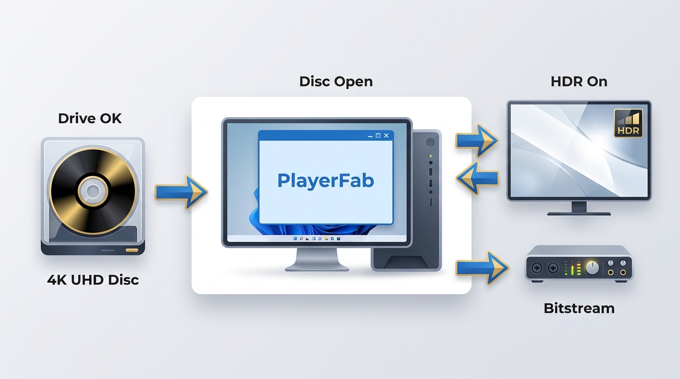 Windows PC workflow linking UHD-friendly drive, PlayerFab, display, and audio for 4K UHD playback