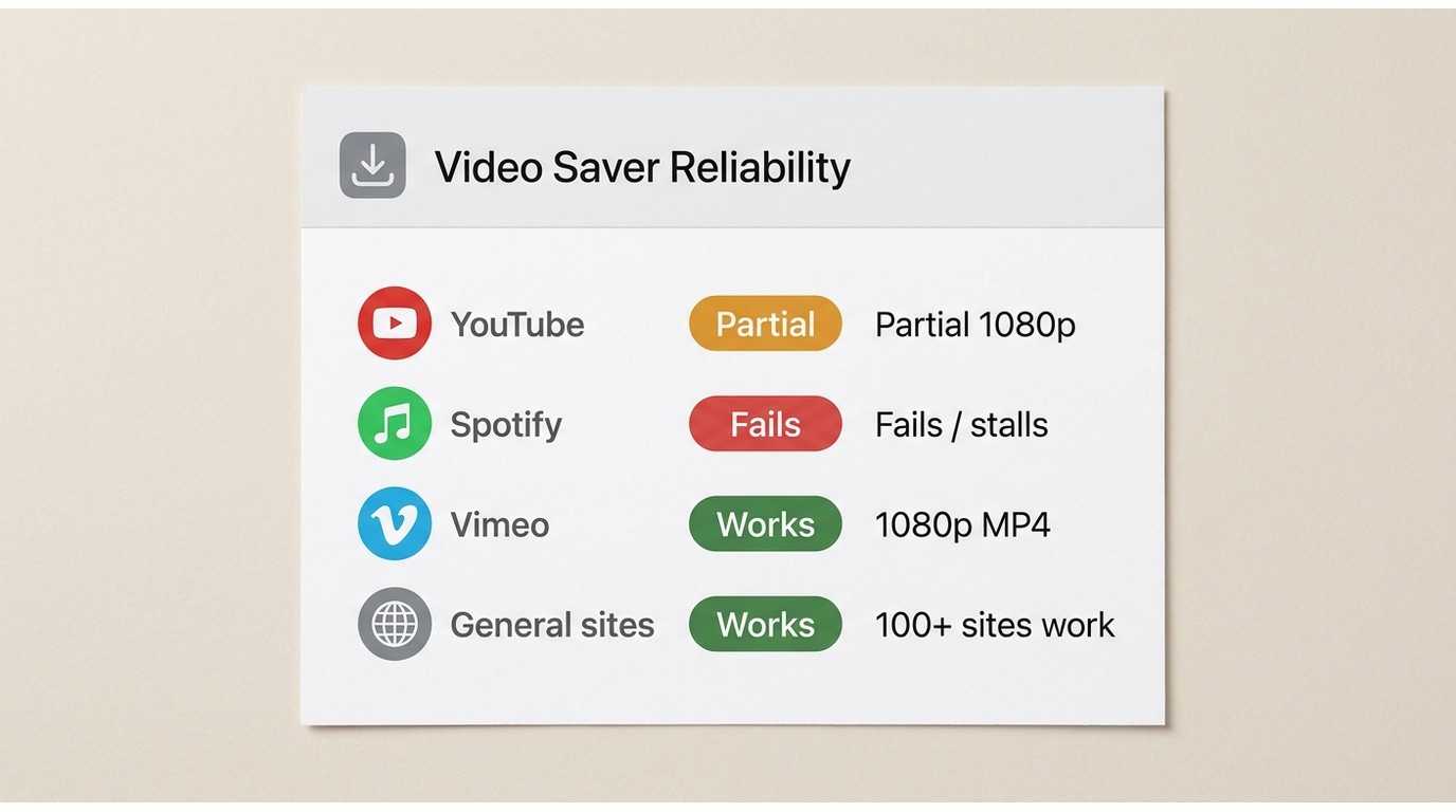 Allavsoft site reliability: YouTube partial 1080p, Spotify fails, Vimeo works 1080p, general sites w