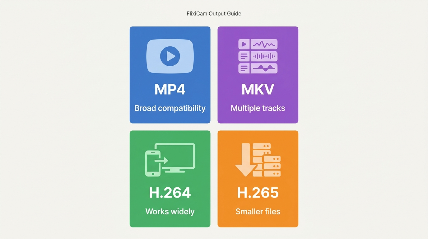 FlixiCam output format comparison: MP4 vs MKV containers and H.264 vs H.265 codec trade-offs