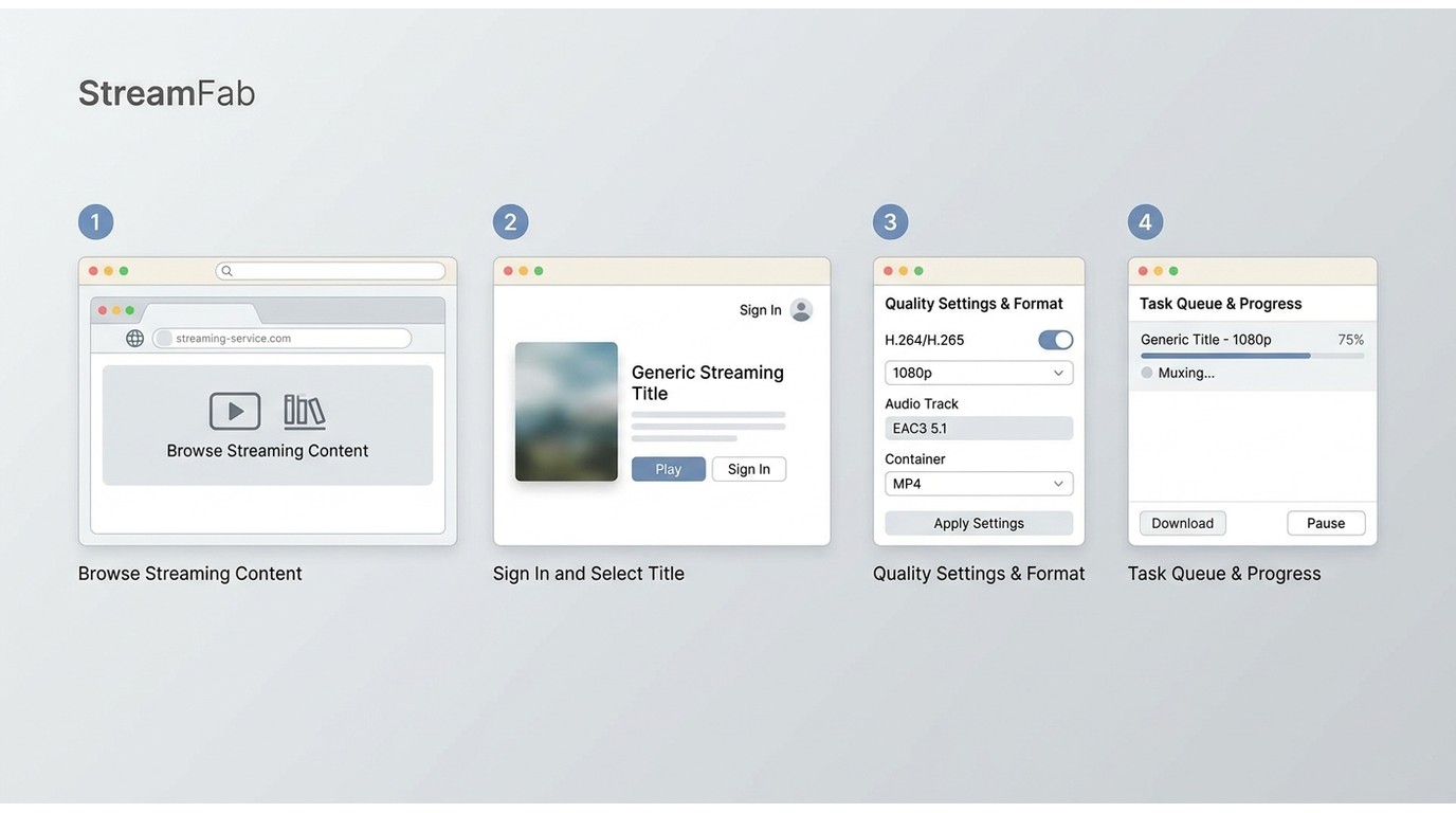 StreamFab 4-step workflow: open browser to Netflix, sign in, pick 1080p EAC3 5.1 MP4 settings, downl