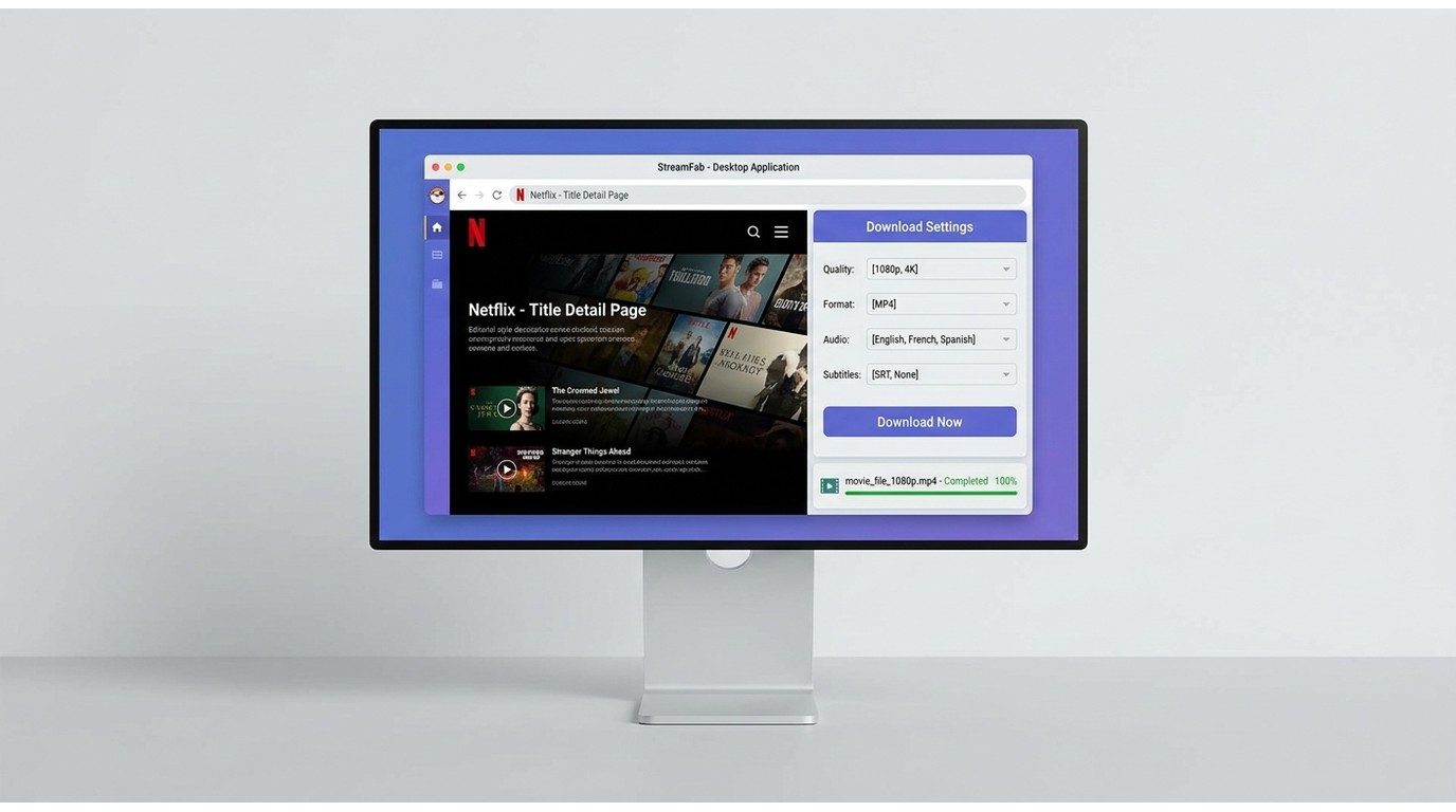 StreamFab setup with Netflix selection, MP4 quality options, audio, subtitles, and download task