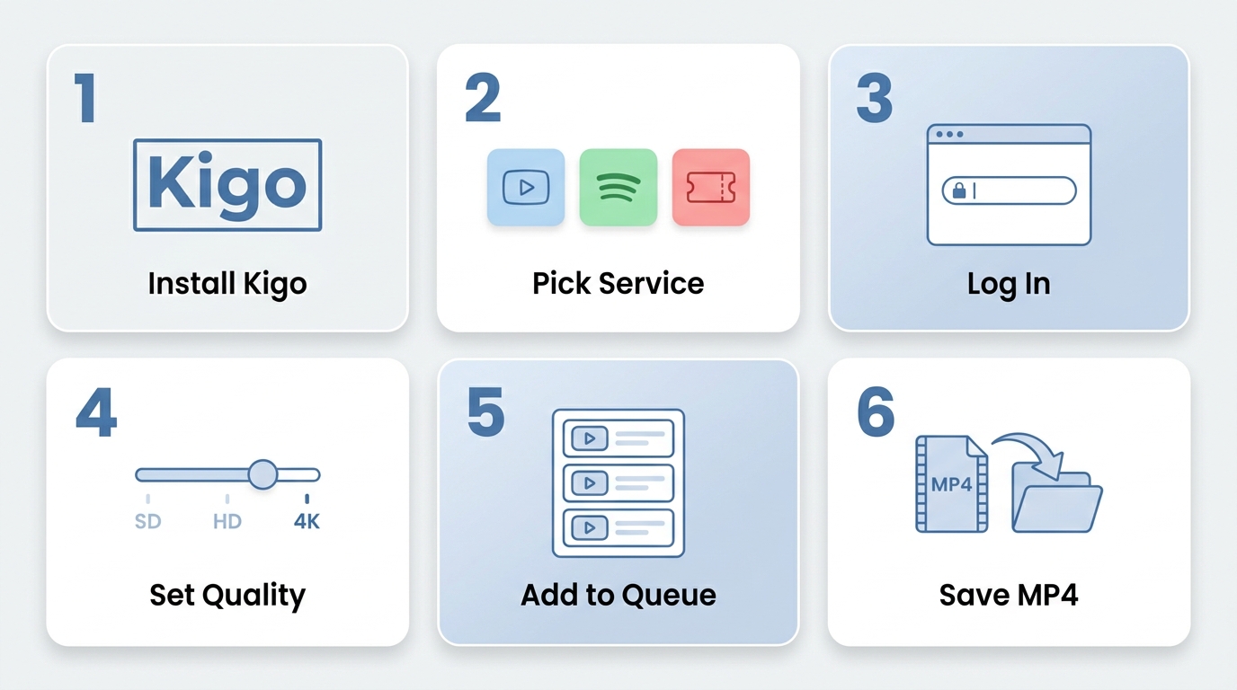 Kigo download workflow: install, pick service, log in, analyze stream, set quality, save MP4