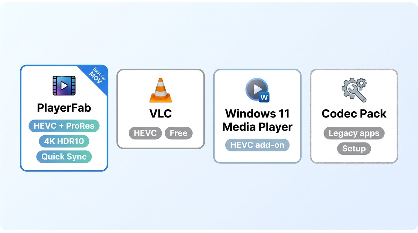 Comparison of PlayerFab, VLC, Windows 11 Media Player, and codec packs for MOV playback