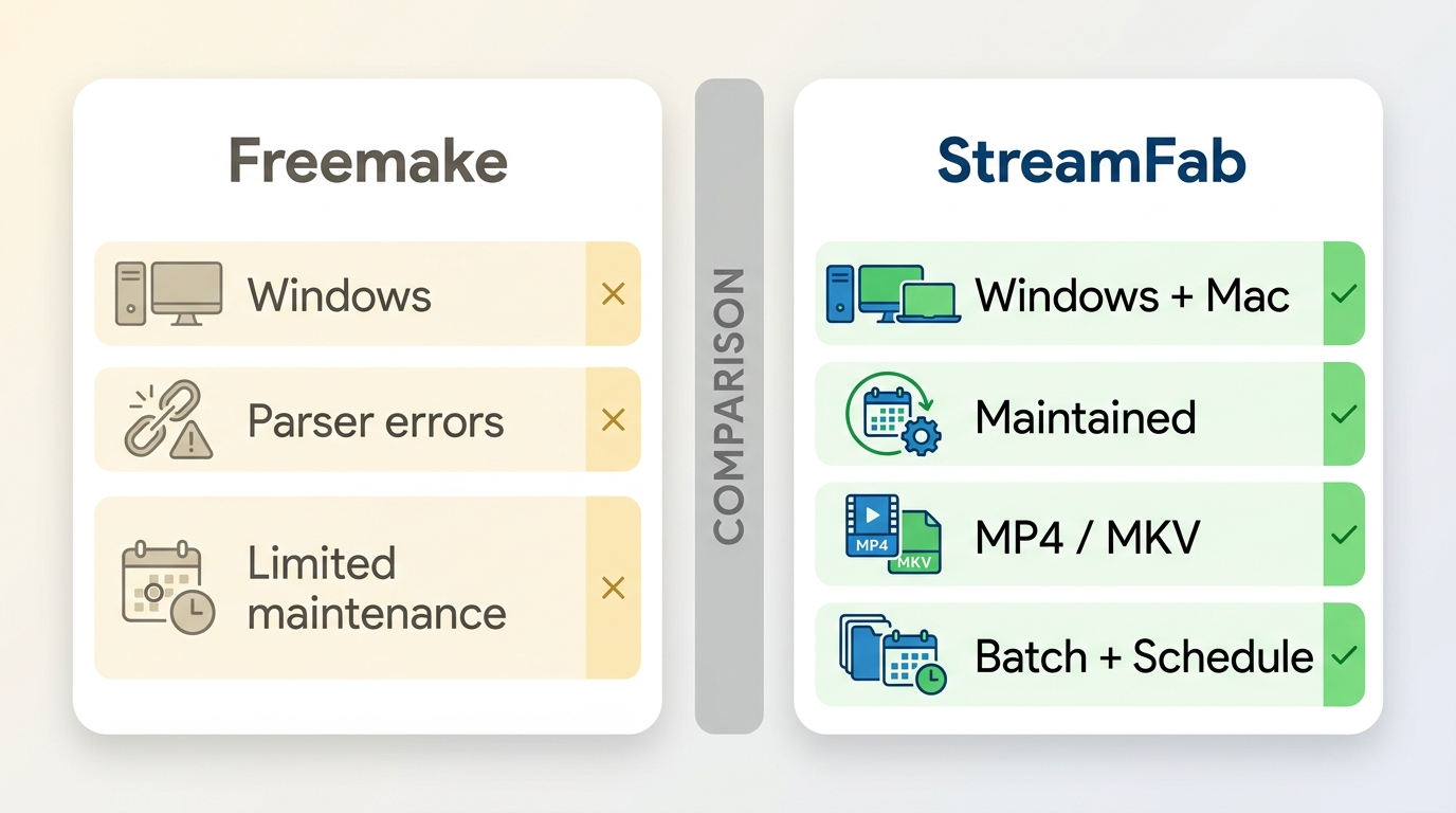 Freemake and StreamFab comparison of maintenance, platform support, and MP4 or MKV output