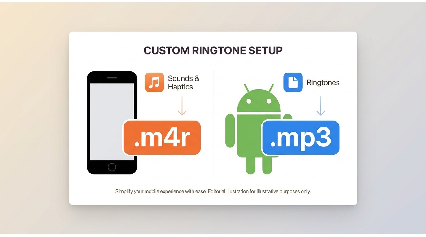 iPhone requires M4R via GarageBand; Android accepts MP3 dropped into Ringtones folder