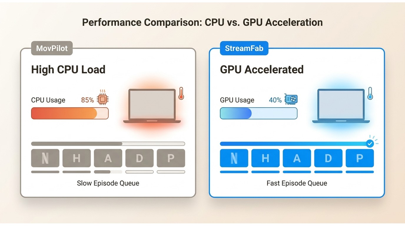 MovPilot high CPU load vs StreamFab GPU-accelerated processing during multi-episode batch downloads