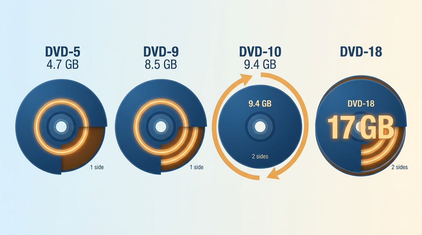 DVD-5 through DVD-18 comparison by sides, layers, capacity, and disc flipping.