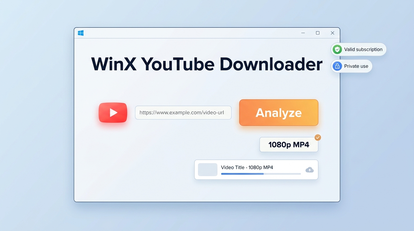 WinX YouTube Downloader workflow with a pasted YouTube link, 1080p MP4 selection, and download task.