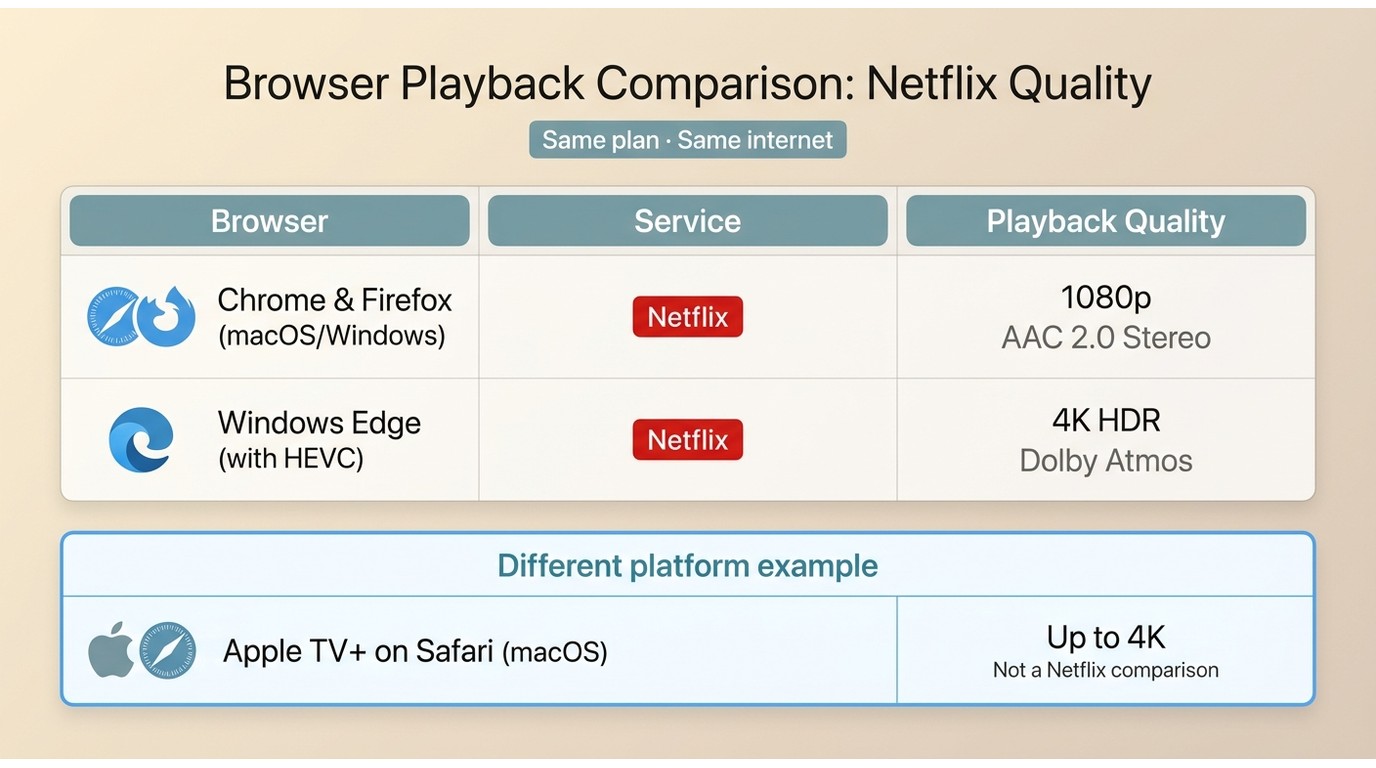 Netflix quality differs by Chrome, Firefox, Edge, and Safari playback environment.
