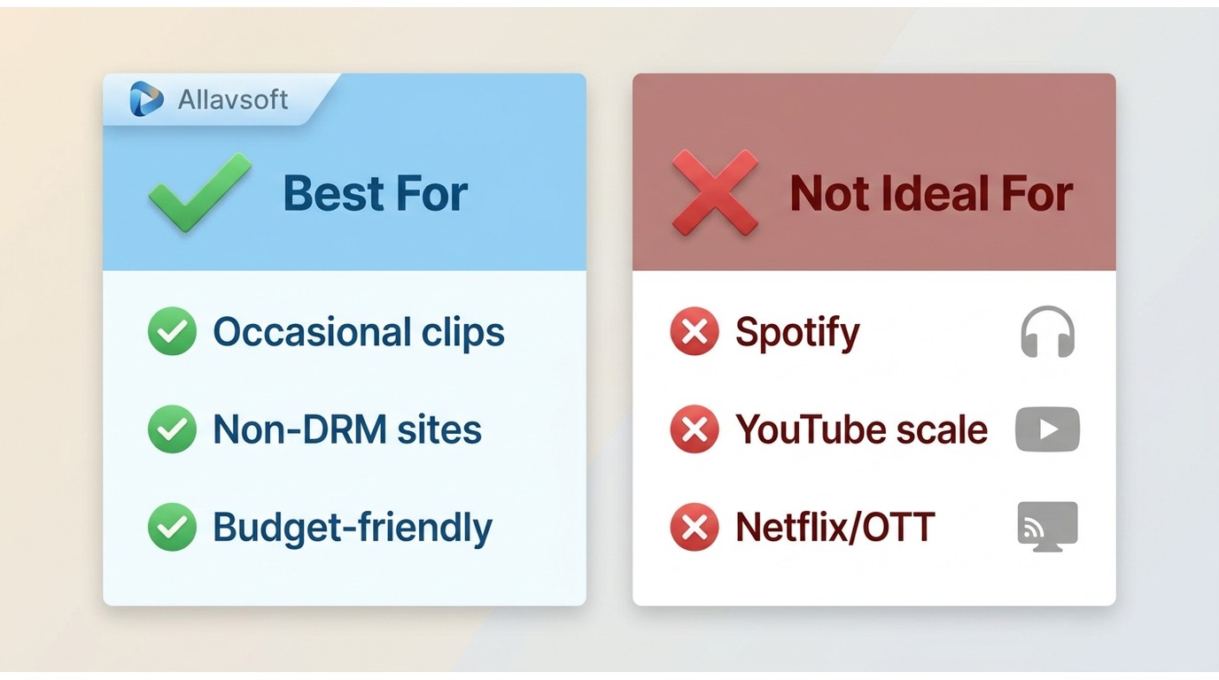 Allavsoft best-for vs not-ideal-for comparison: occasional non-DRM clips yes, Spotify and YouTube at