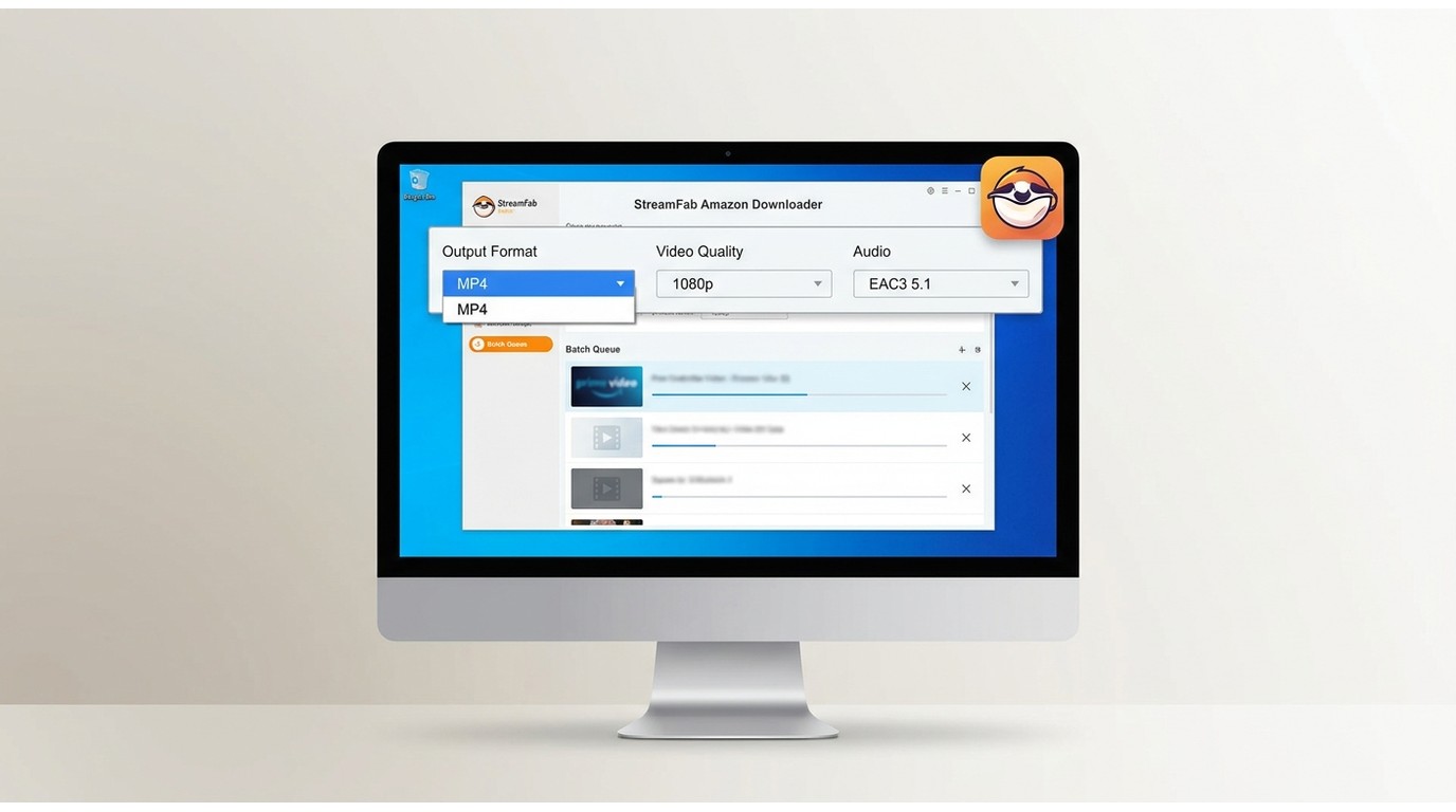 StreamFab Amazon Downloader settings panel showing MP4 format, 1080p quality, EAC3 5.1 audio, and a
