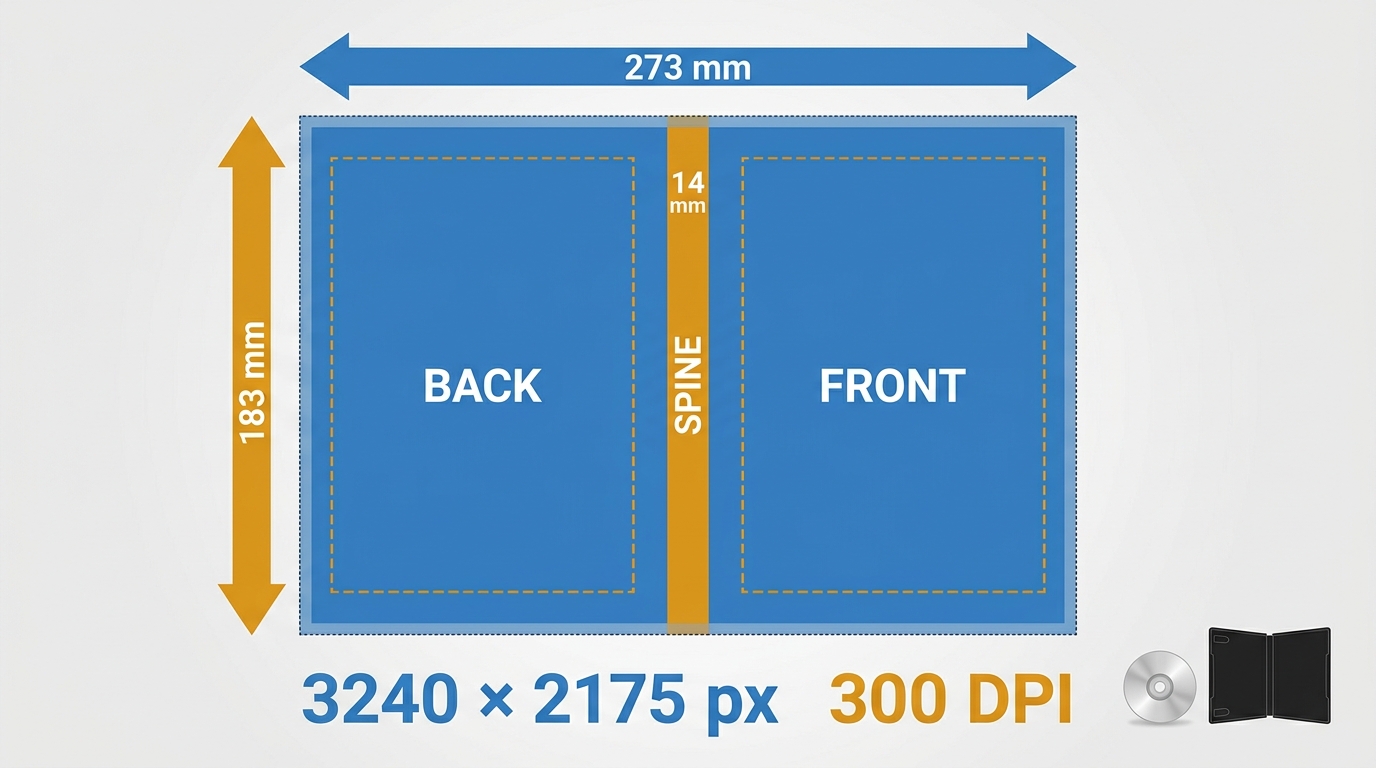 标准 Amaray DVD 全包封面的 300 DPI 像素尺寸与 14 mm 书脊位置