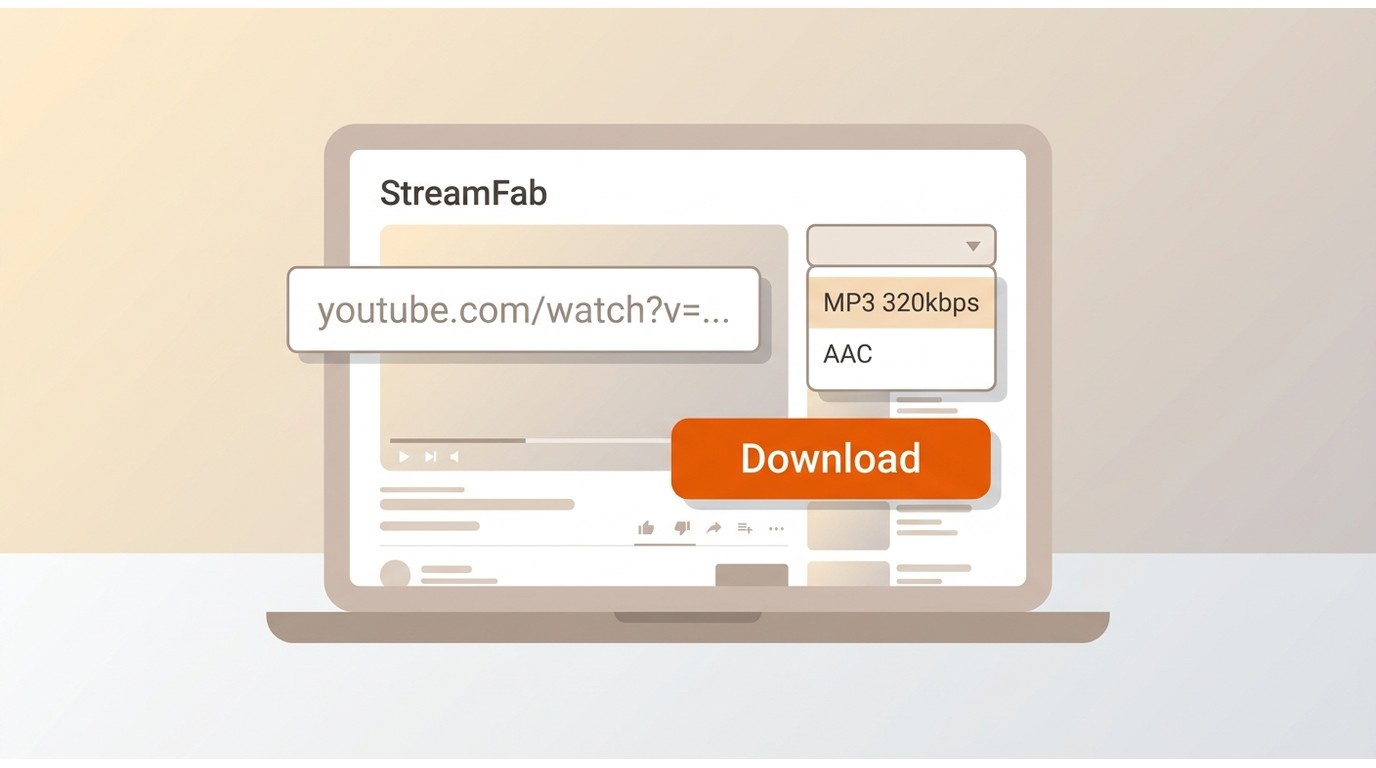 StreamFab YouTube Downloader interface with MP3 320kbps format selection and Download button