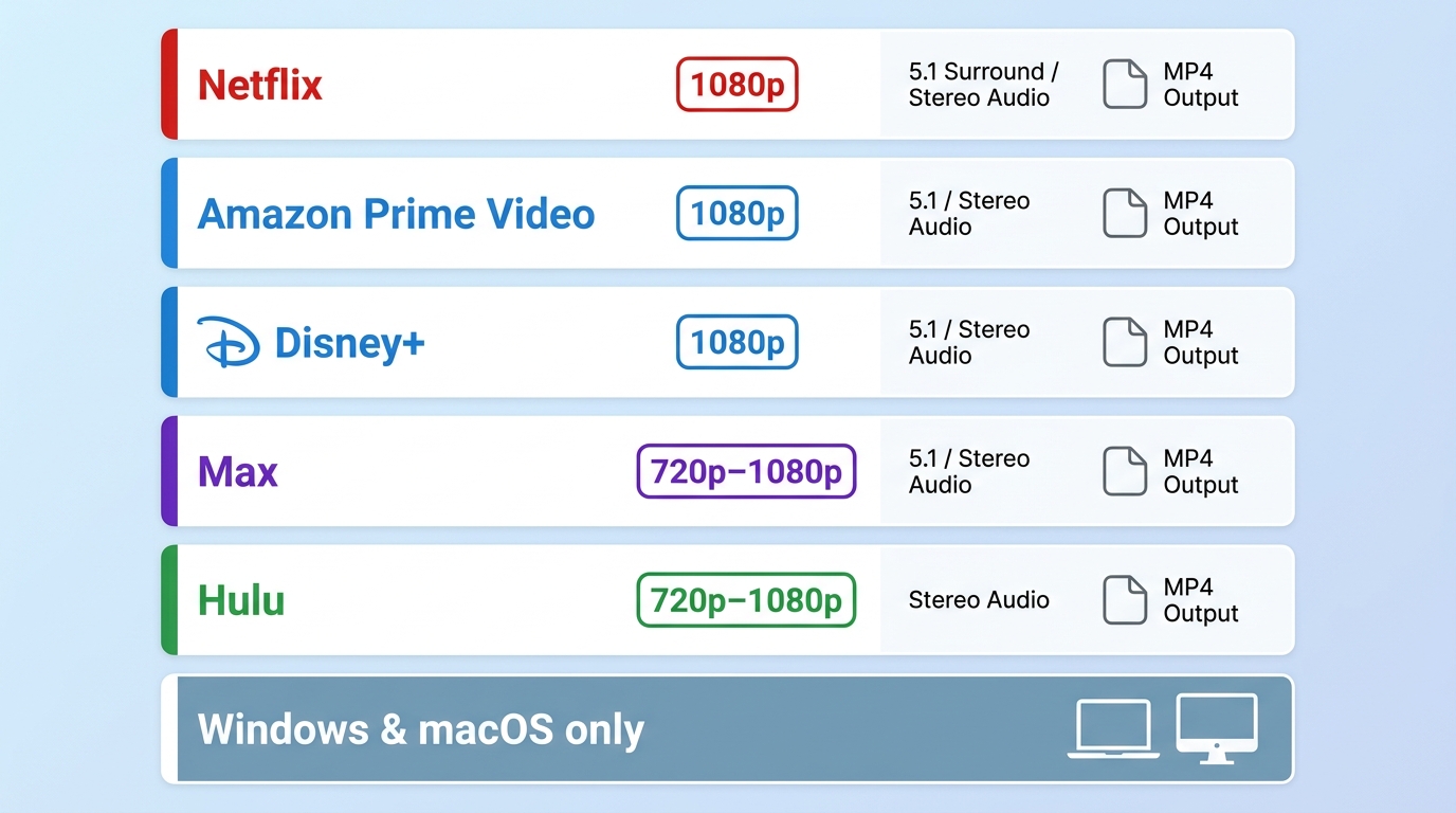 Kigo per-service caps: Netflix and Prime Video at 1080p, Max and Hulu at 720p–1080p, MP4 output, Win
