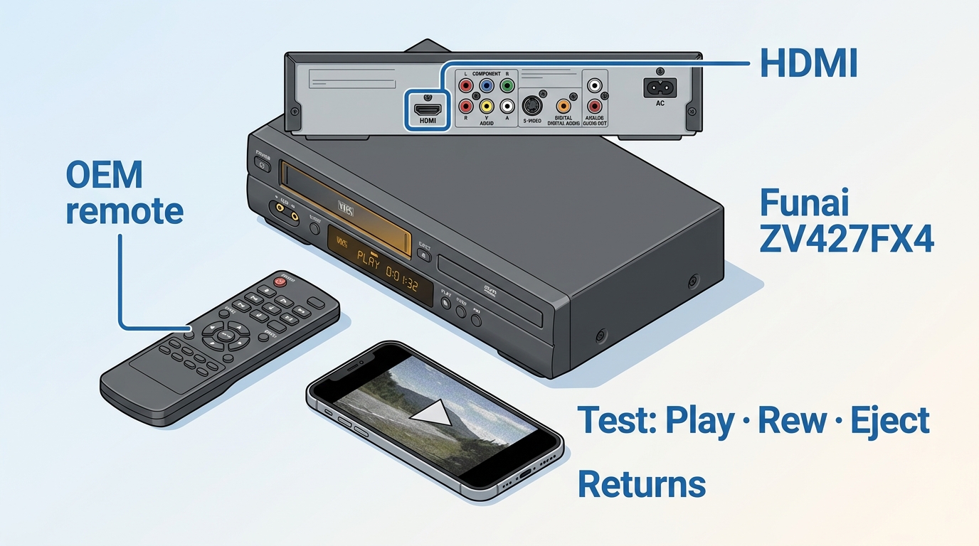 What to inspect on a Funai DVD/VCR combo: HDMI, OEM remote, and VHS transport test.