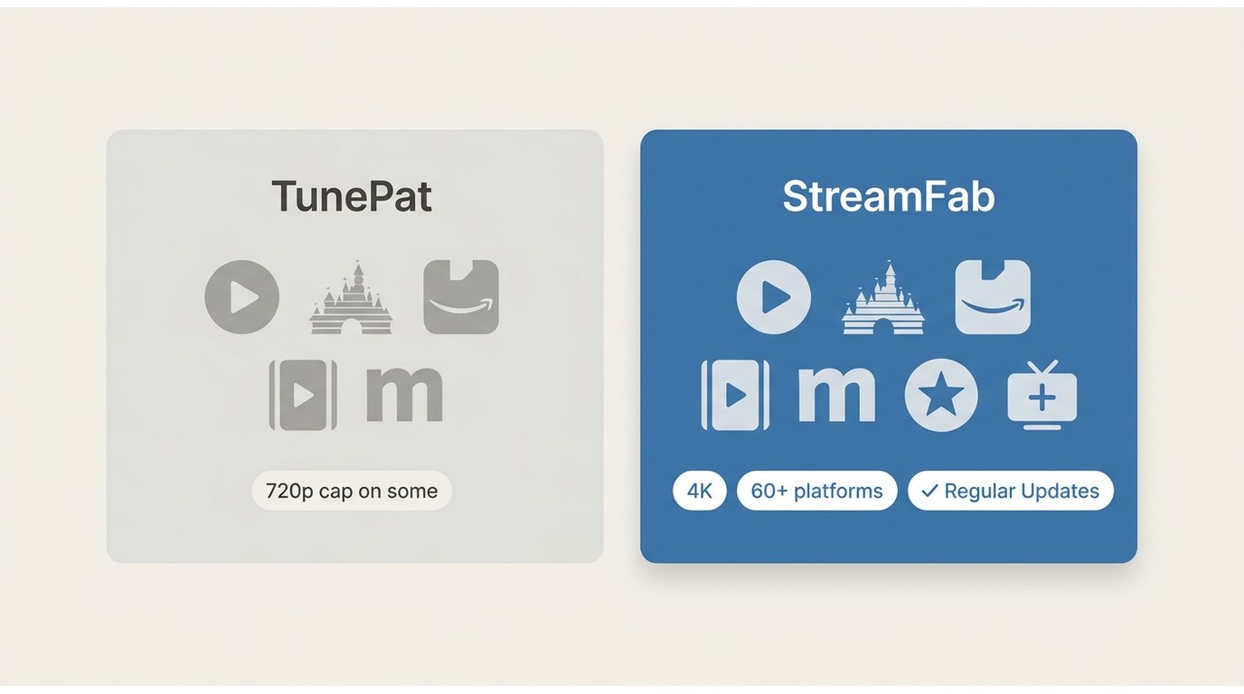 StreamFab vs TunePat platform coverage comparison showing StreamFab supporting more services with 4K