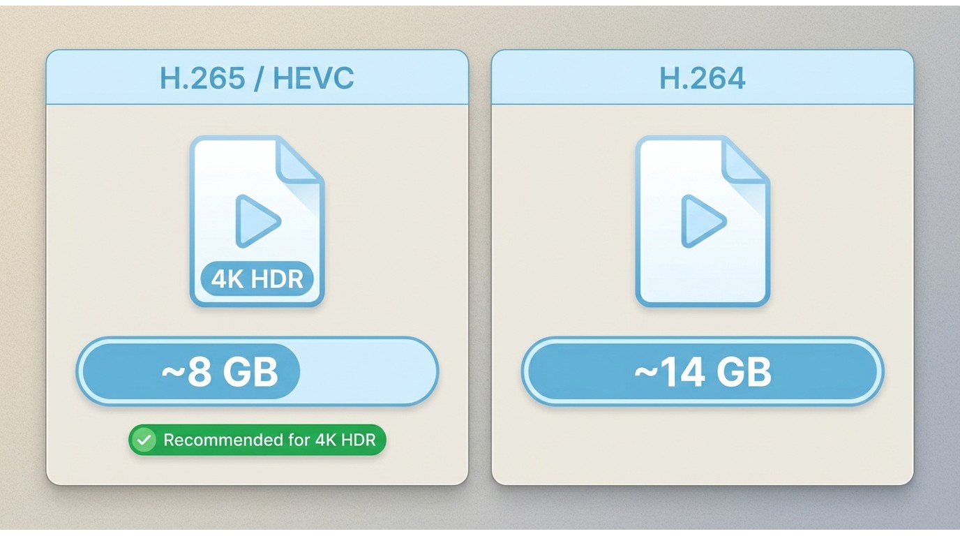 H.265 vs H.264 file size comparison for a 4K HDR download: H.265 roughly 8 GB, H.264 roughly 14 GB
