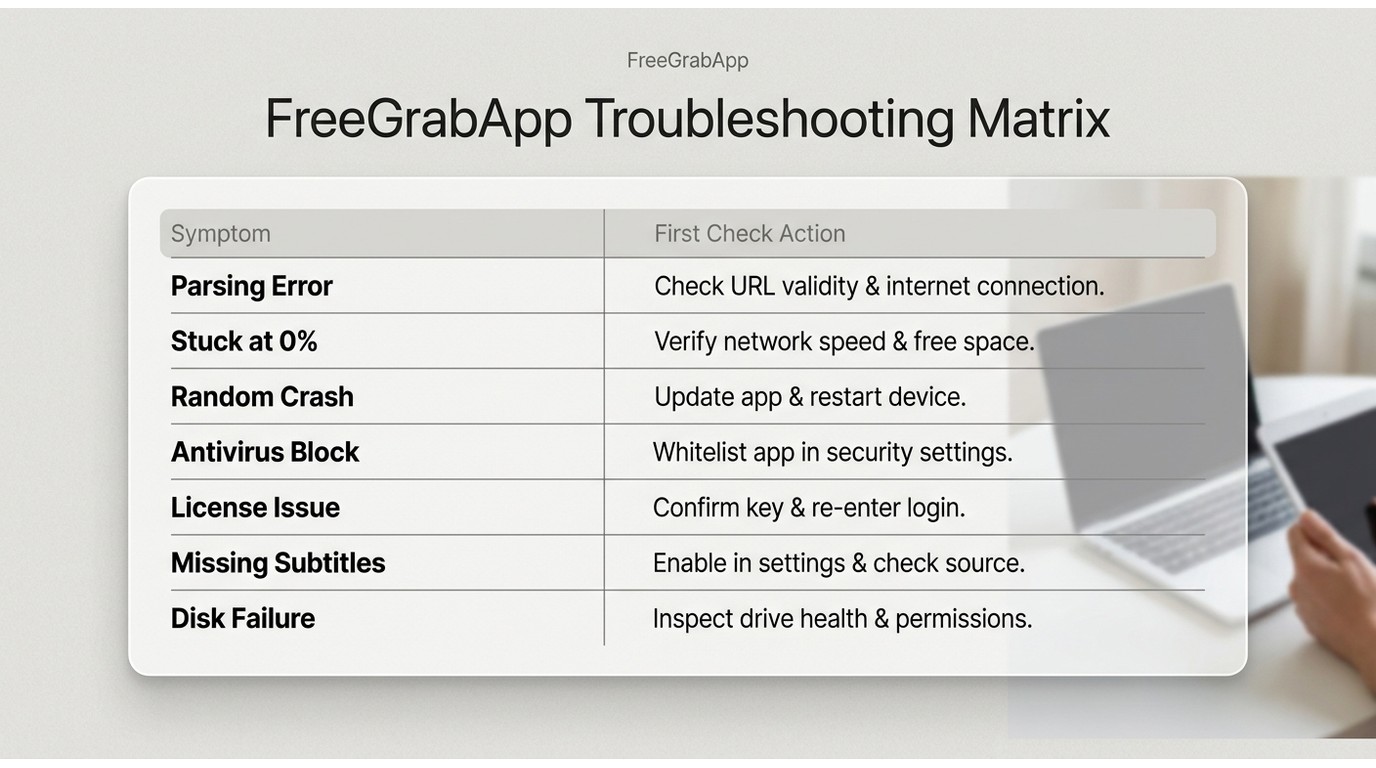 FreeGrabApp troubleshooting matrix: 7 symptoms mapped to first-check actions