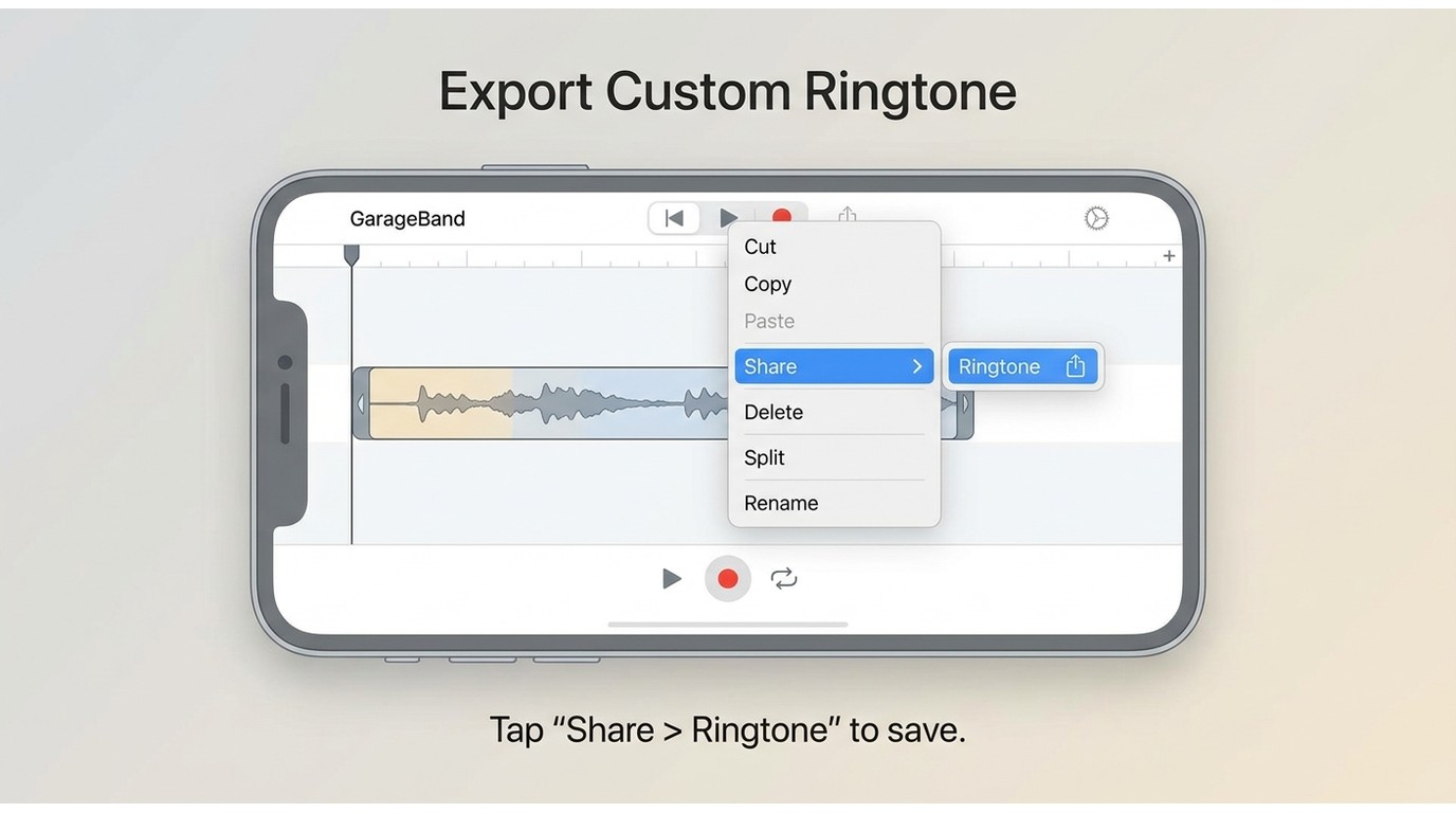 GarageBand on iPhone with Share Ringtone option highlighted in the long-press menu
