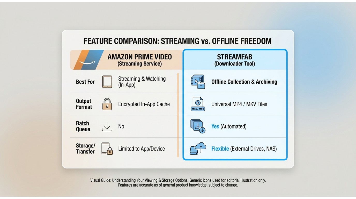 Comparison of Amazon Prime Video app vs StreamFab: output format, batch queue, and storage transfer