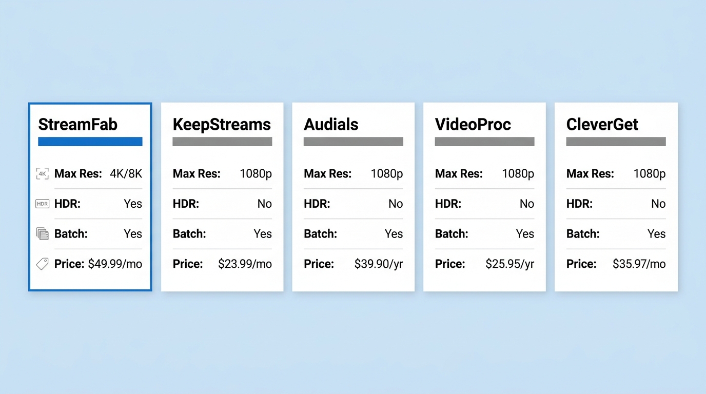 Comparison of StreamFab, KeepStreams One, Audials One, VideoProc, CleverGet on resolution, HDR, batc