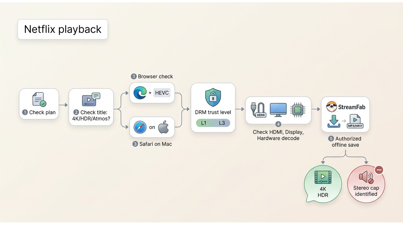 Checklist for diagnosing Netflix quality limits across plan, browser, device, and DRM.