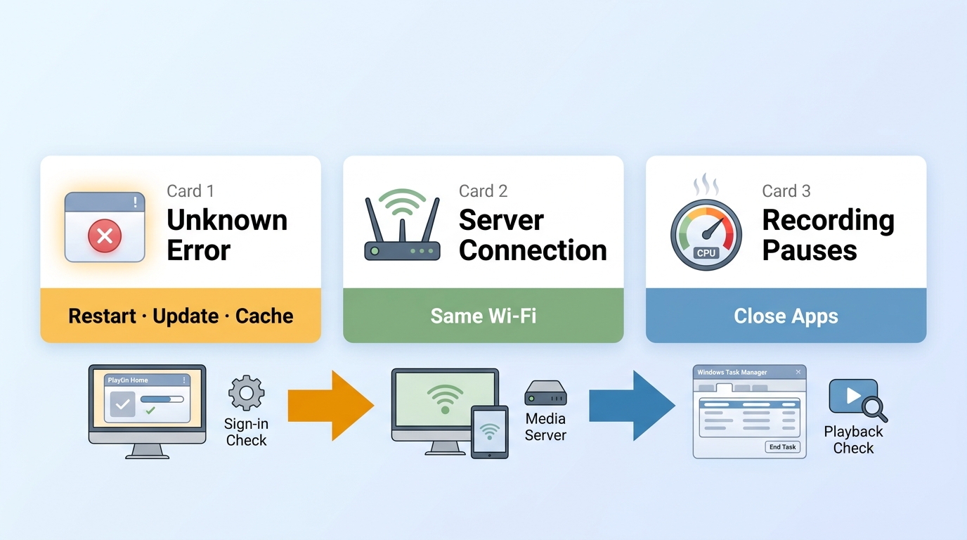 PlayOn Home error symptoms matched with cache, network, CPU, and DRM fixes