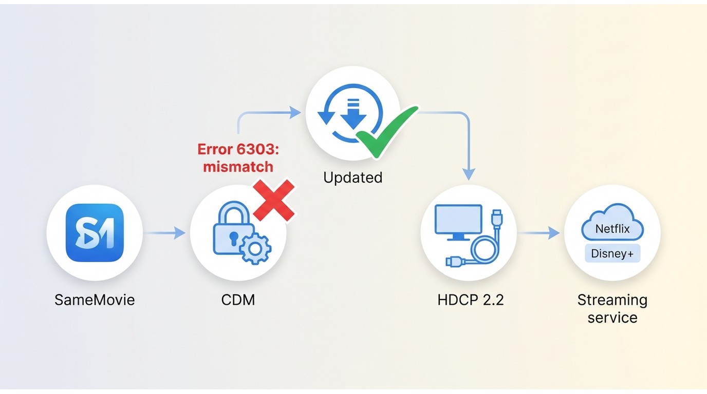 How Widevine CDM and HDCP chain cause SameMovie error 6303 and how updating fixes it