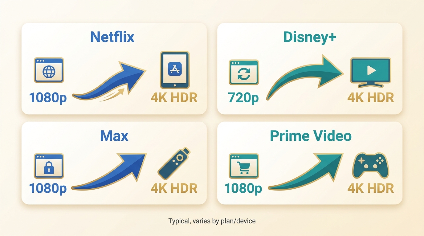 Netflix, Disney+, Max, and Prime Video browser limits compared with app quality.