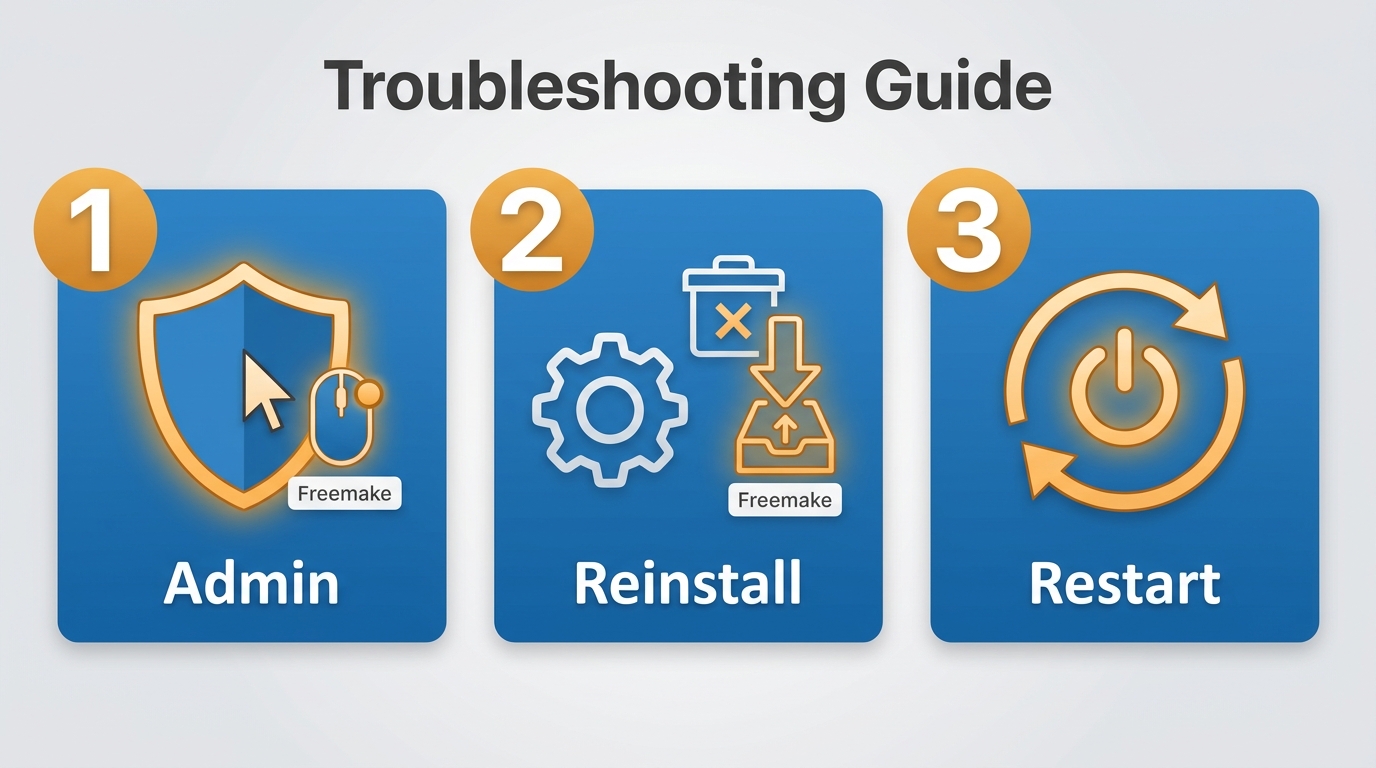 Freemake troubleshooting steps for reinstalling and running as administrator on Windows