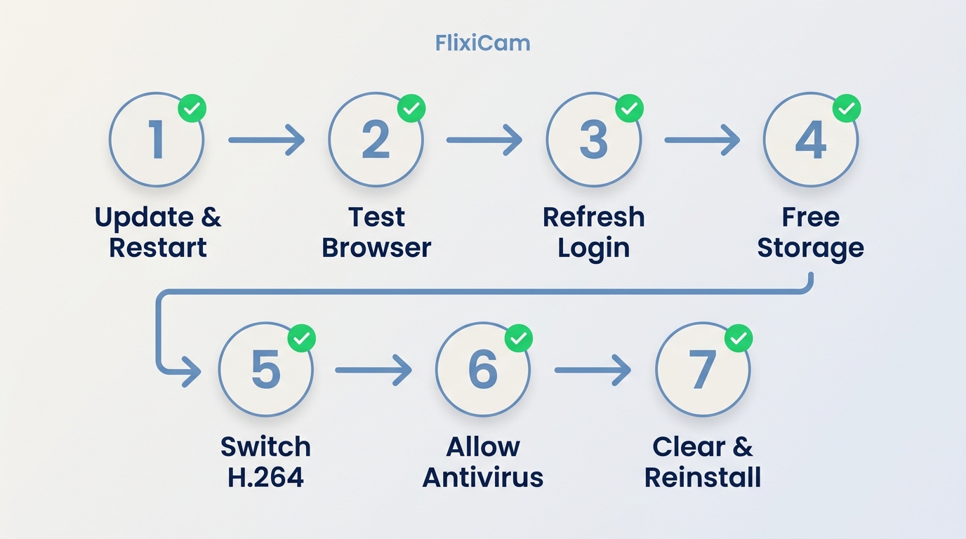 FlixiCam 7-step troubleshooting flowchart from update to reinstall, with stop-if-fixed checkpoints