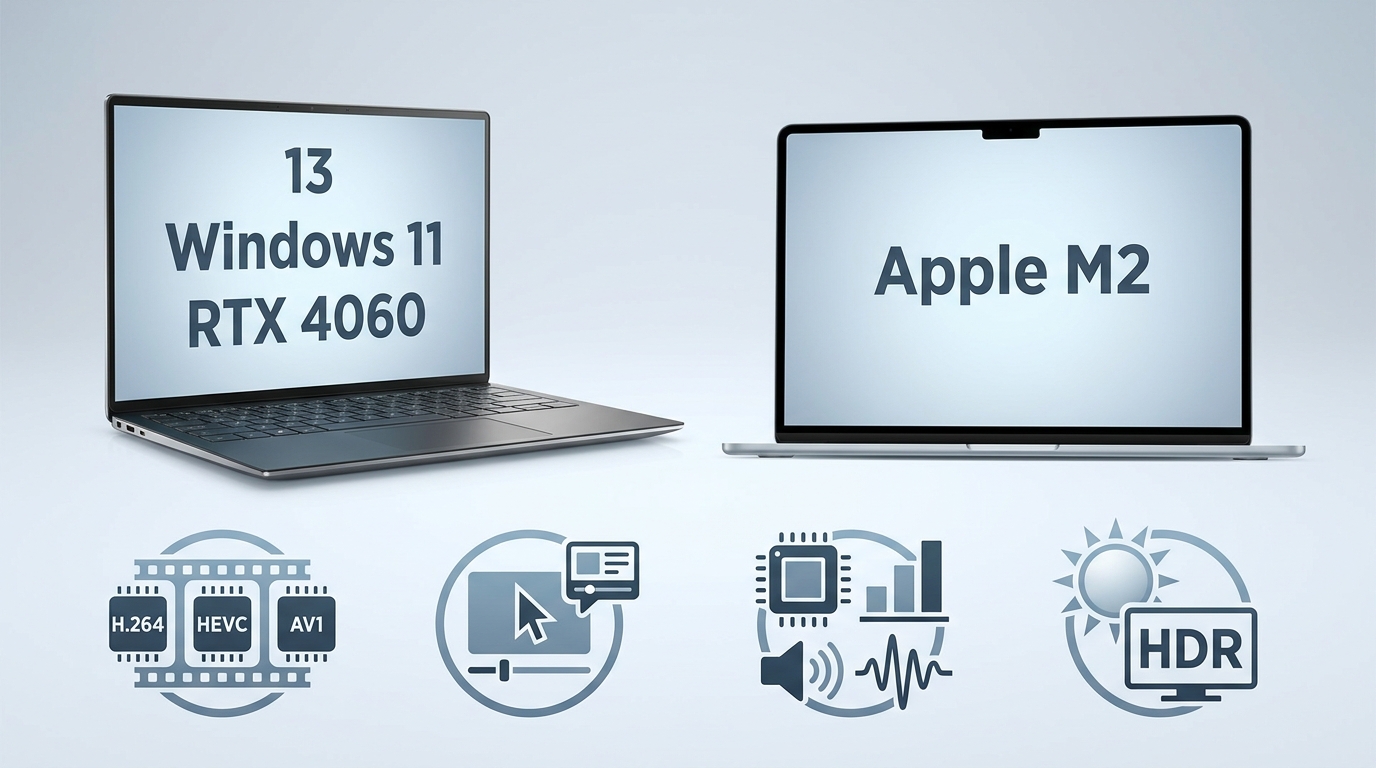 MP4 player tests on Windows 11 with NVIDIA RTX 4060 and MacBook Air M2 for codecs, seeking, audio, a