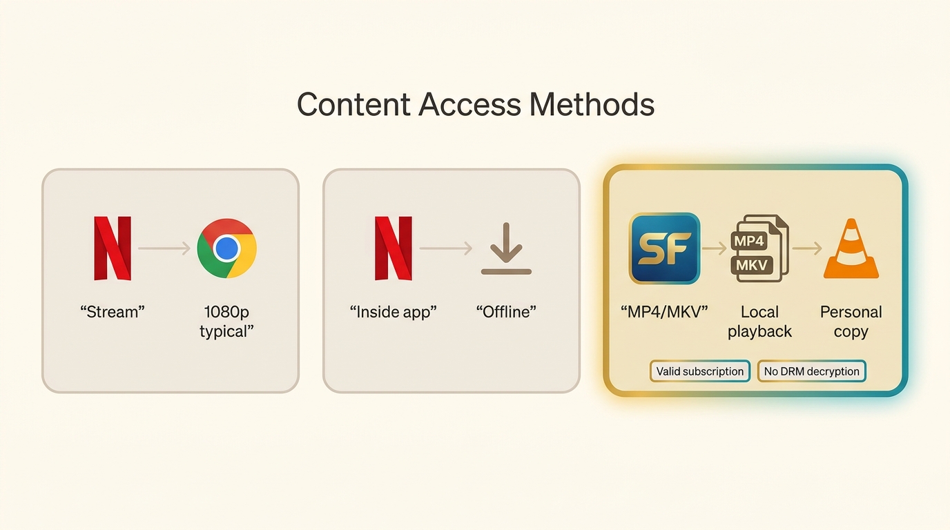 Browser streaming, official downloads, and StreamFab local MP4/MKV saves compared.