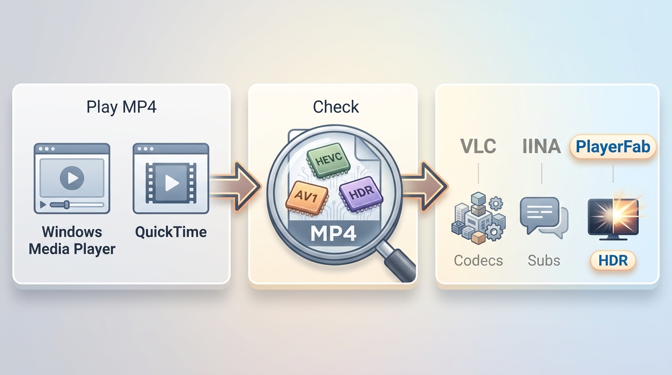 Three steps for choosing VLC, IINA, or PlayerFab when an MP4 fails to play.