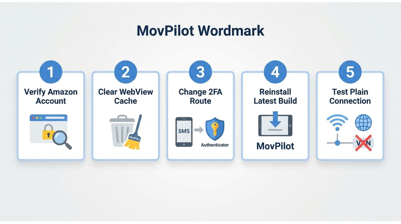 5-step MovPilot login fix: verify Amazon account, clear WebView cache, change 2FA, reinstall latest