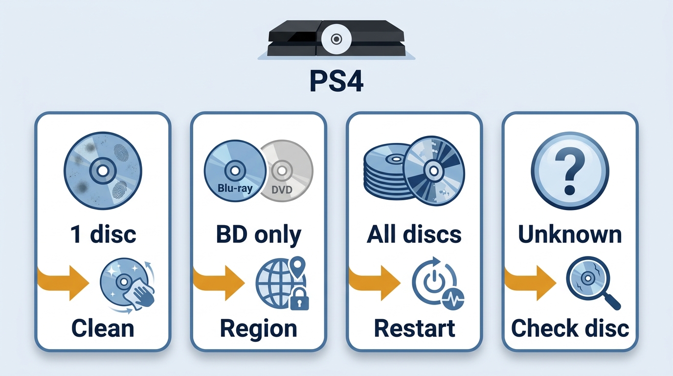 PS4 troubleshooting flow for failed discs, Blu-ray-only failures, and unrecognized discs