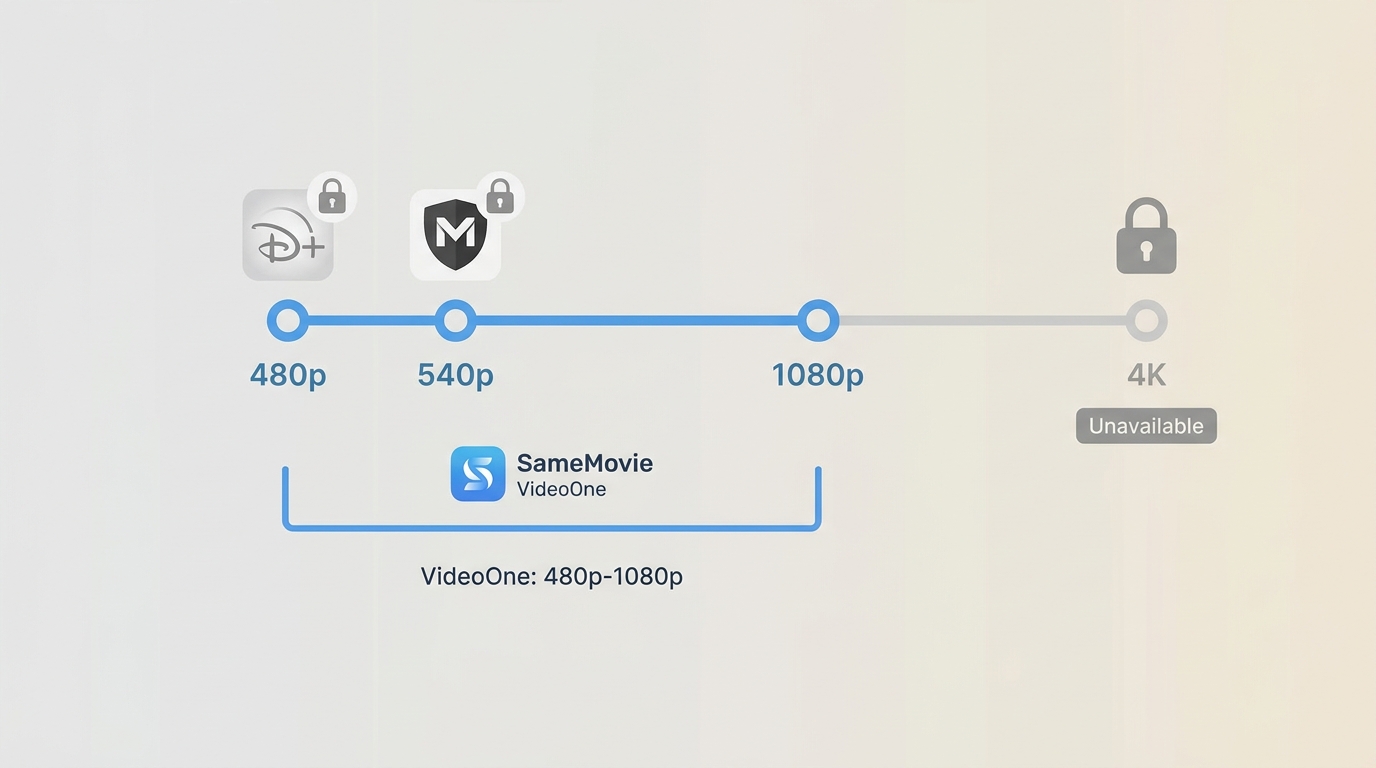 SameMovie VideoOne resolution range: up to 1080p, Disney+ and Marvel titles may cap at 480p–540p