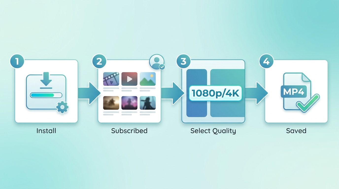 StreamFab 4-step backup workflow: install app, sign in to streaming service, select title and qualit