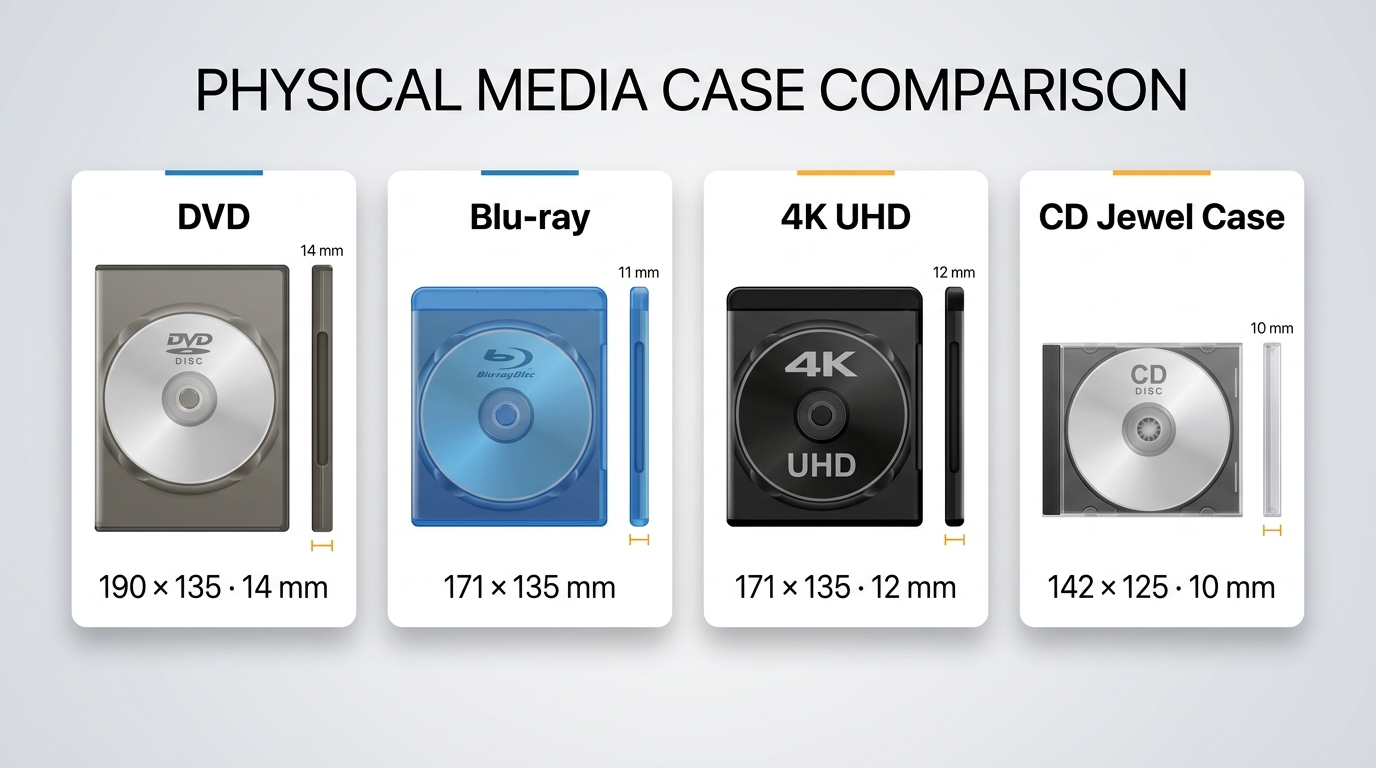 DVD、Blu-ray、4K UHD Blu-ray 与 CD 包装尺寸及封面结构对比