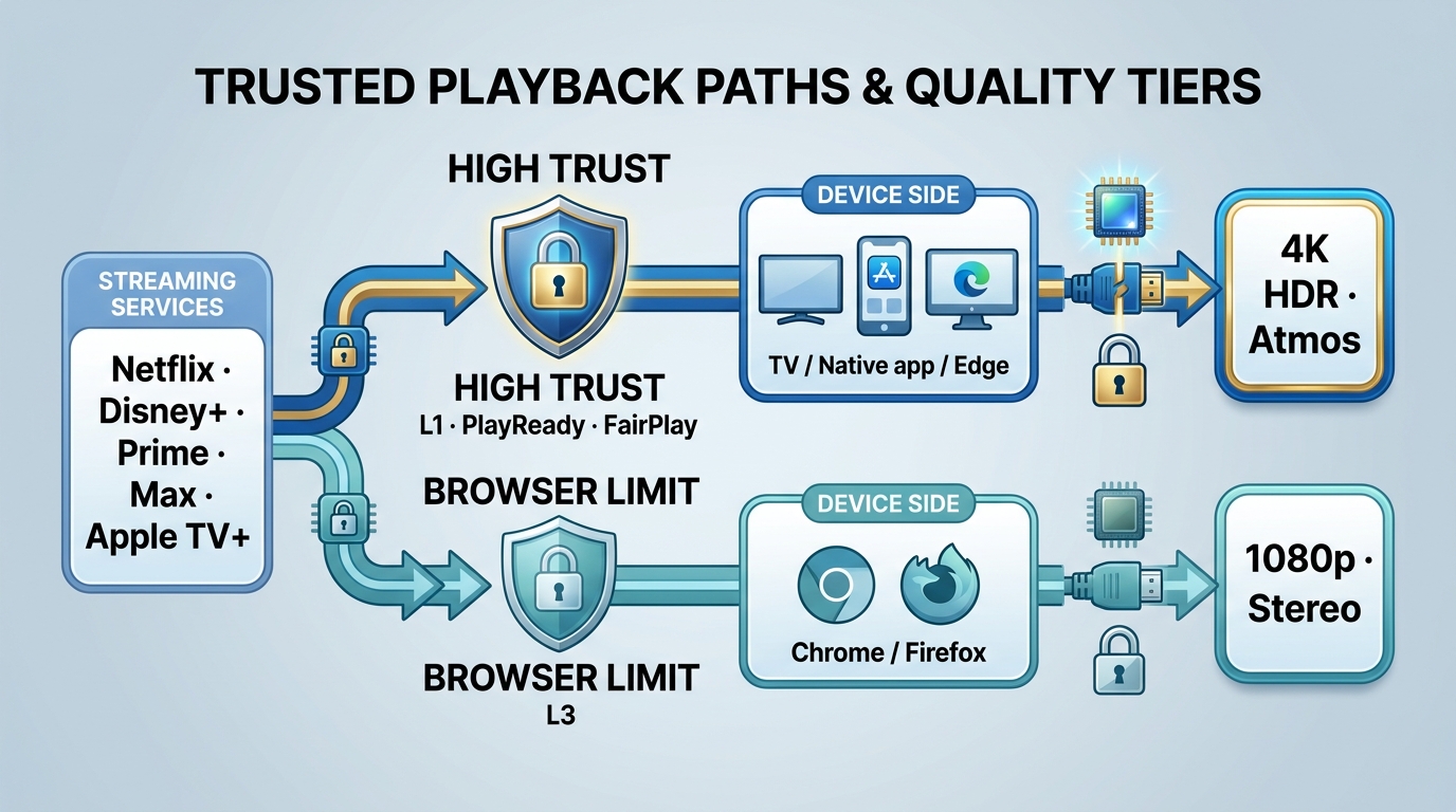 DRM trust tiers determine whether Netflix and other services deliver 4K HDR or stereo.