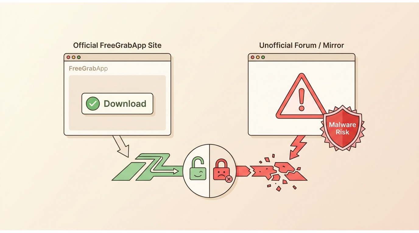 Official FreeGrabApp installer source (safe) vs unofficial forum mirror (malware risk)