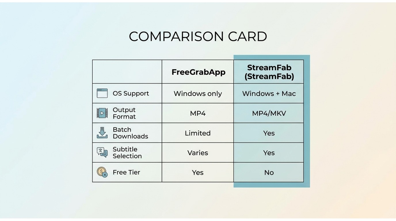 FreeGrabApp vs StreamFab: OS support, output format, batch downloads, subtitles, free tier compared