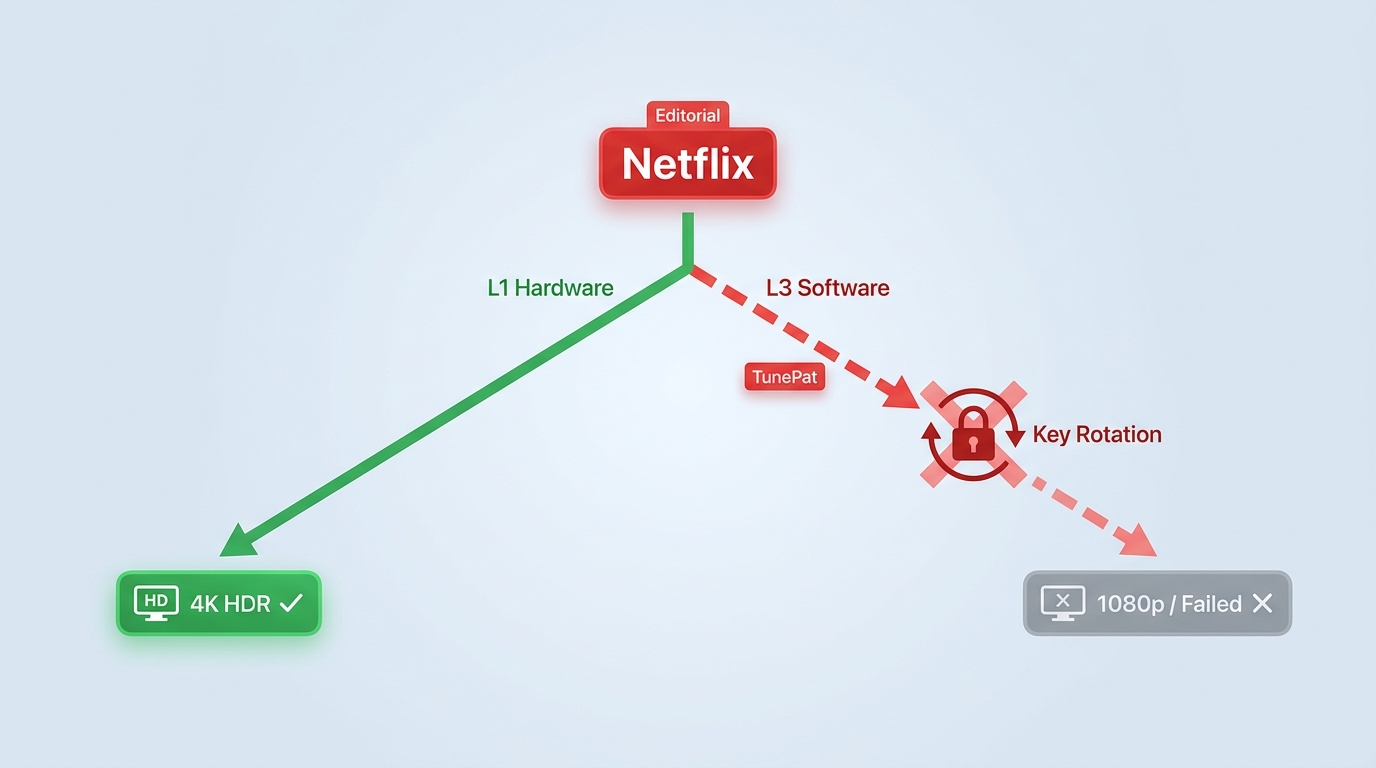 Widevine L1 vs L3 paths: L1 delivers 4K HDR, L3 hits CDM key rotation causing TunePat Download Faile